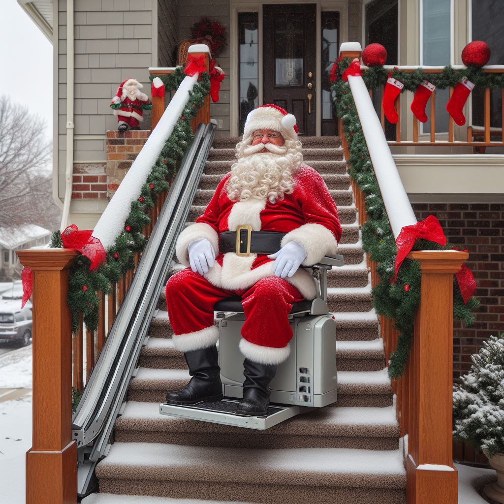photo of Santa riding an outdoor stair lift at a home in central Pennsylvania